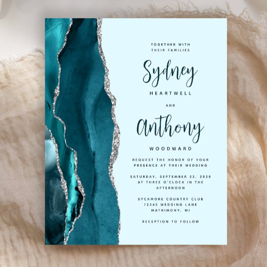 Papier Mariage Calligraphie Argent Agate Sarcelle Pâle Bu