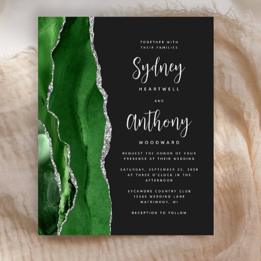 Papier Mariage Calligraphie Argent Vert Budget Agate