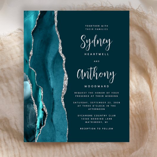 Papier Mariage Calligraphié Teal Argent Agate Budget