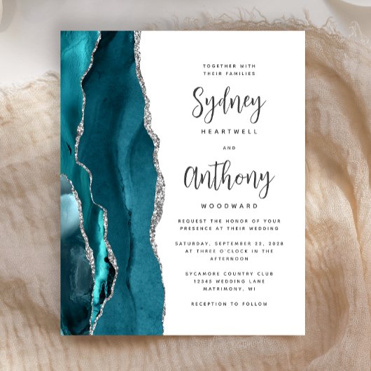 Papier Mariage Calligraphié Teal Argent Agate Budget