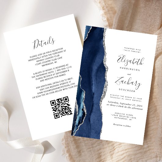 Papier Mariage Code QR Agate Argent Bleu Navy Budget