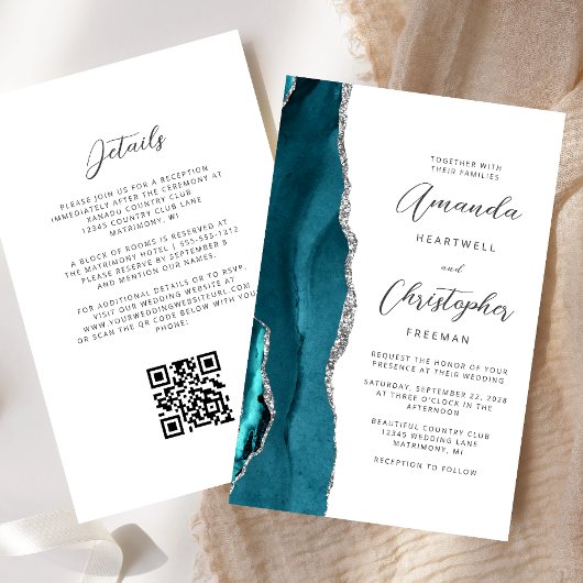 Papier Mariage Code QR Agate Argent Bleu Sarcelle Budget