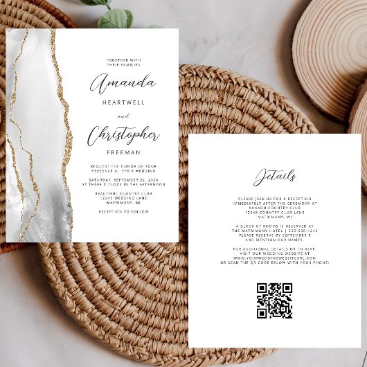 Papier Mariage Code QR Agate Or Blanc Gris Budget