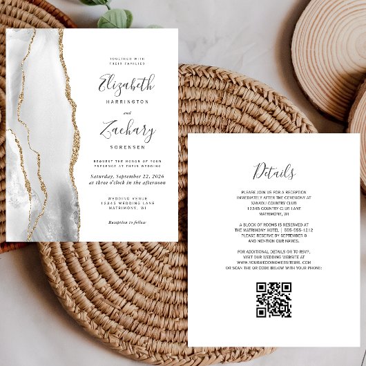 Papier Mariage Code QR Agate Or Blanc Gris Budget