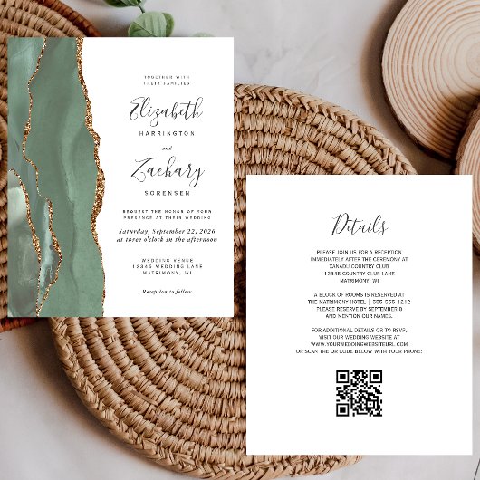 Papier Mariage Code QR Agate Or Vert Sauge Budget