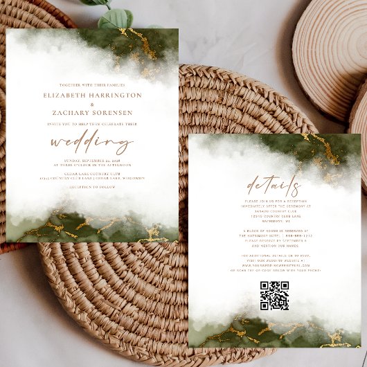Papier Mariage Code QR Budget Marbre Vert Olive Or