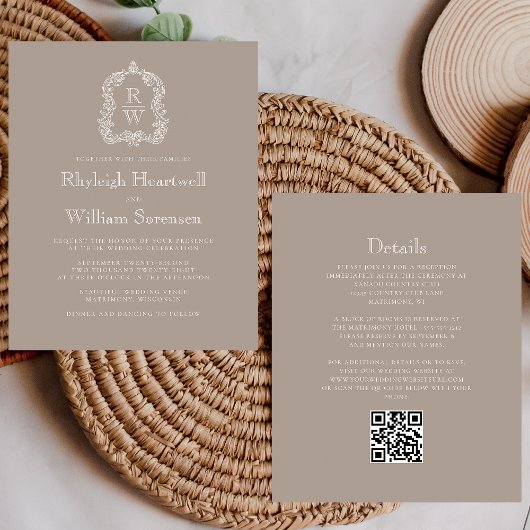 Papier Mariage Code QR Budget Taupe Monogramme Blason