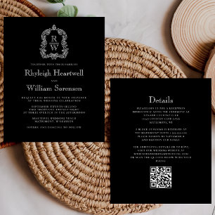 Papier Mariage Code QR Crête Monogramme Noir Blanc Budget