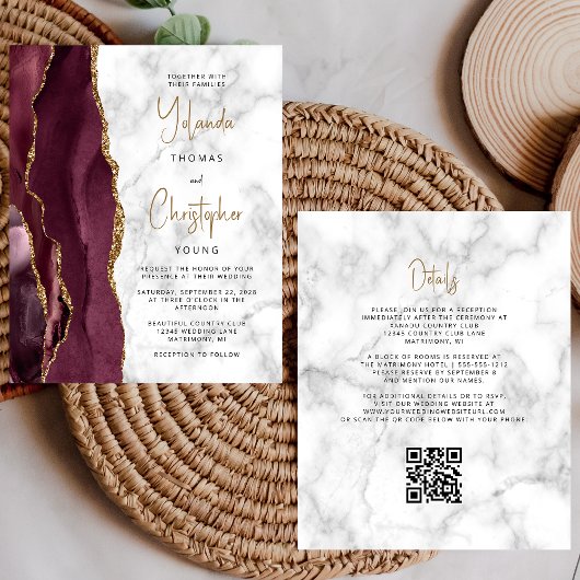 Papier Mariage Code QR de Marbre Agate Or de Bourgogne