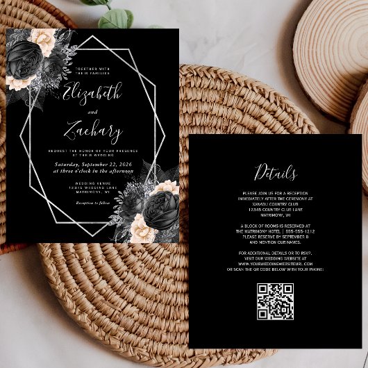 Papier Mariage Code QR Fleurs Noir Argent Péché de Budget