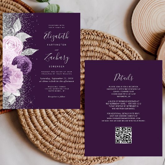Papier Mariage Code QR Fleurs Violettes Argentées Budget