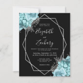 Papier Mariage Code QR Floral Argent Aqua Noir Budget (Devant)