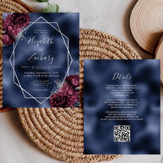 Papier Mariage Code QR Floral Argent Bourgogne Budget