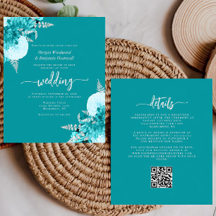 Papier Mariage Code QR Floral Argent Turquoise Économique