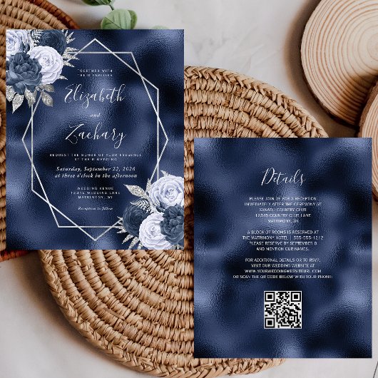 Papier Mariage Code QR Floral Bleu Poussiéreux de la Mari