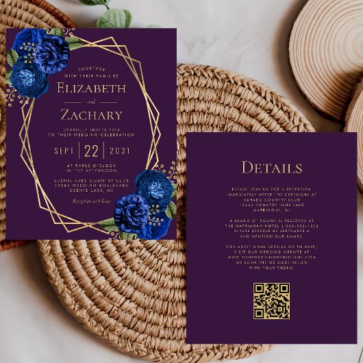 Papier Mariage Code QR Floral Bleu Violet Budget Or