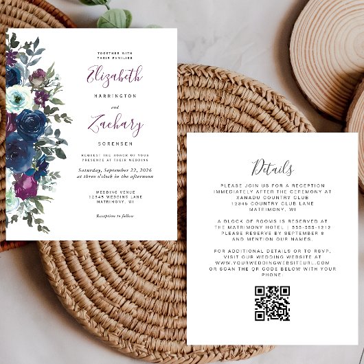 Papier Mariage Code QR Floral Prune de Budget