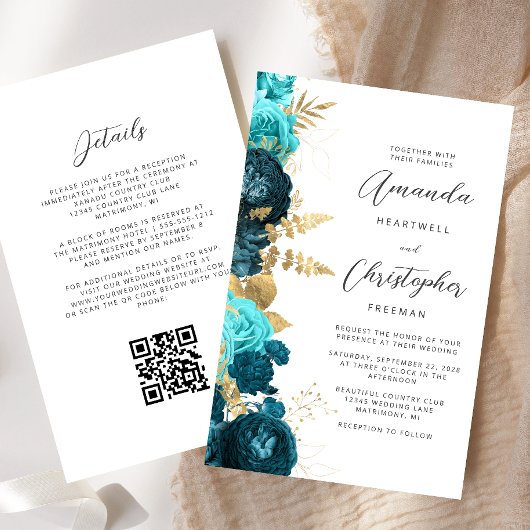 Papier Mariage Code QR Floral sarcelle Aqua Or Budget