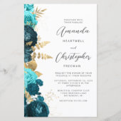 Papier Mariage Code QR Floral sarcelle Aqua Or Budget (Devant)