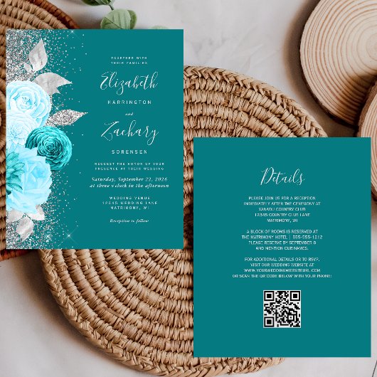 Papier Mariage Code QR Floral Turquoise Argent