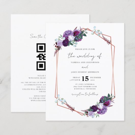 Papier Mariage Code QR Géométrique Floral Violet Script (Devant / Derrière)