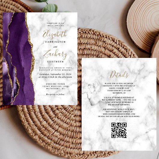 Papier Mariage Code QR Marbre Agate Or Violet Budget