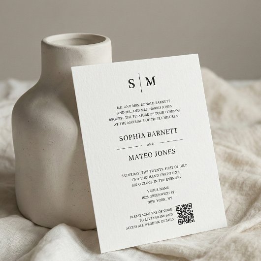 Papier Mariage Code QR Monogramme Classique Blanc Cassé