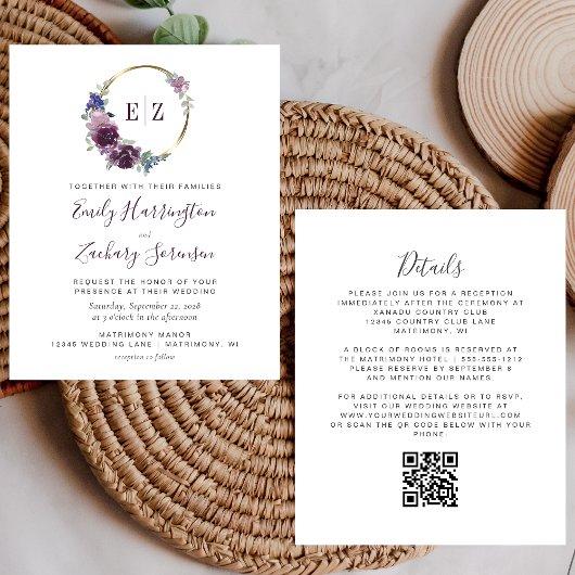 Papier Mariage Code QR Monogramme Couronne Violet Budget