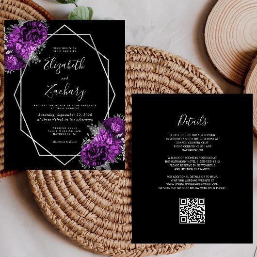 Papier Mariage Code QR Noir Floral Argent Violet Budget