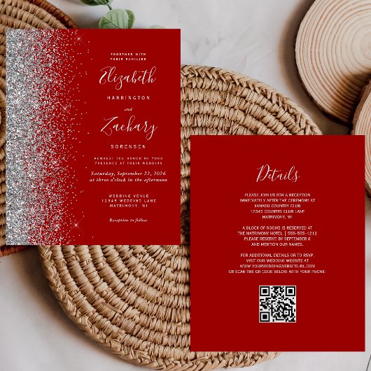Papier Mariage Code QR Pailleté Argent Rouge Budget