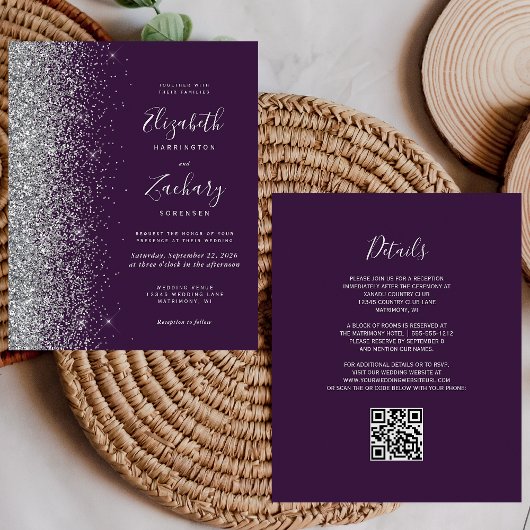Papier Mariage Code QR Paillettes Argent Violet Budget