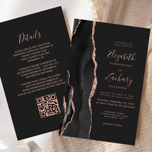 Papier Mariage Code QR Sable Rose Doré Agate Noir Budget