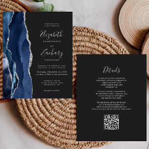 Papier Mariage Code QR Sombre Agate Argent Bleu Marine Bu