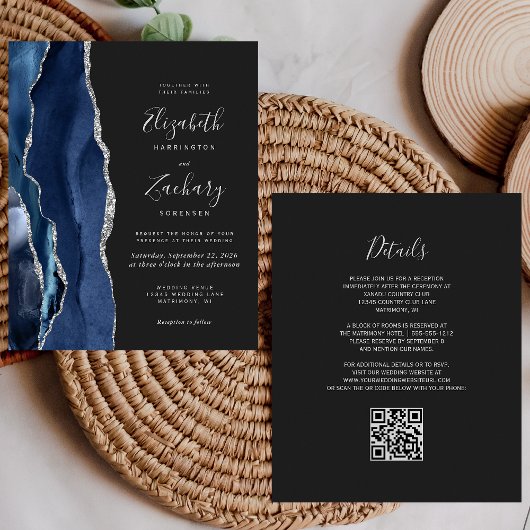 Papier Mariage Code QR Sombre Agate Argent Bleu Marine Bu