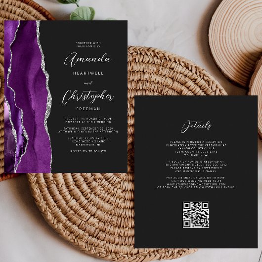 Papier Mariage Code QR Sombre Agate Argent Violet Budget