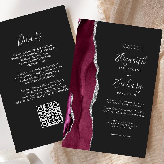 Papier Mariage Code QR Sombre Agate Argenté Bourgogne Pas