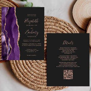 Papier Mariage Code QR Sombre Agate Violet Or Rose Budget