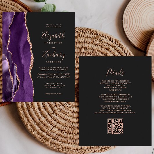 Papier Mariage Code QR Sombre Agate Violet Or Rose Budget