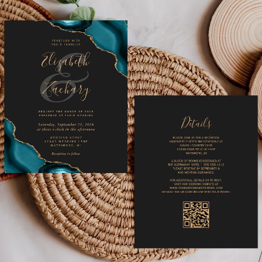 Papier Mariage Code QR Sombre Coins Agate Turquoise Écono