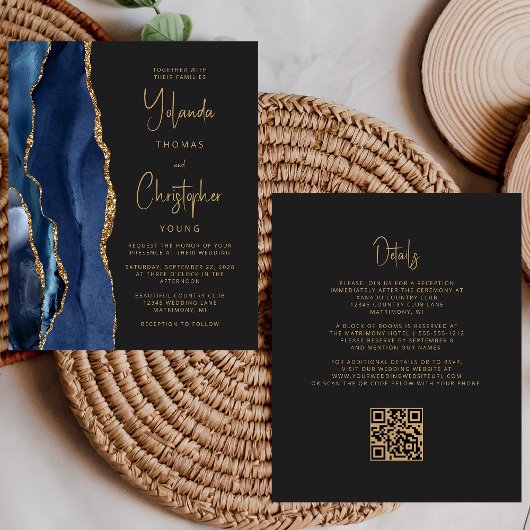 Papier Mariage Code QR Sombre Or Bleu Nuit Agate Budget