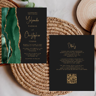 Papier Mariage Code QR Sombre Or Vert Agate Budget