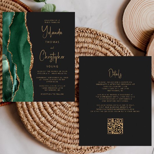 Papier Mariage Code QR Sombre Or Vert Agate Budget