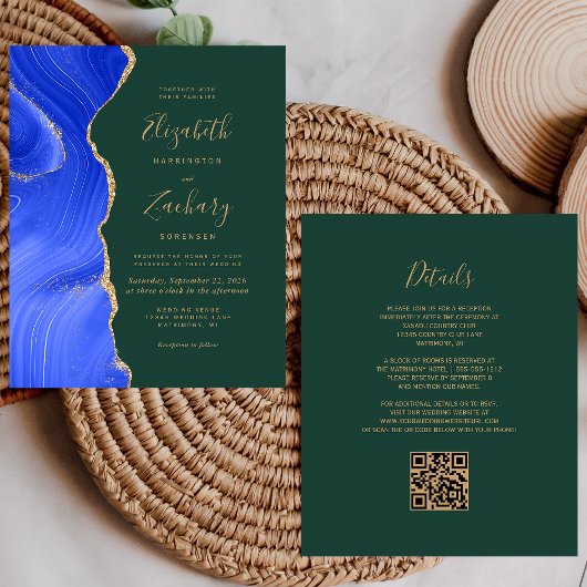 Papier Mariage Code QR Vert Agate Or Bleu Royal Budget