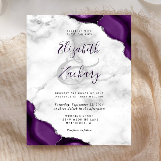 Papier Mariage Coins de Marbre Agate Violet Budget