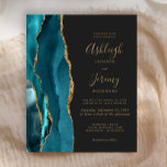 Papier Mariage d'âge or foncé Turquoise Budget<br><div class="desc">Le bord gauche de cette élégante faire-part de mariage moderne comporte une bordure turquoise en aquarelle ornée d'une parties scintillant en faux or. Le texte personnalisable combine écriture manuscrite couleur or, cuivre et polices italiques sur un arrière - plan gris fusain foncé. L'envers présente un design d'agate turquoise et or...</div>