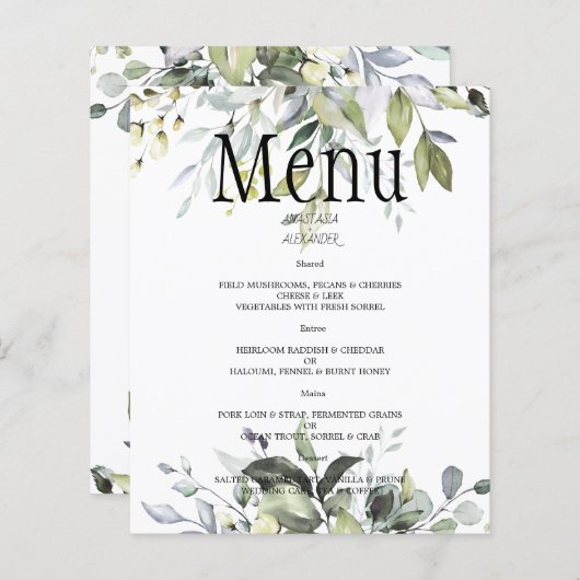 Papier Mariage d'aquarelle Budget Greenery MENU. (Devant / Derrière)