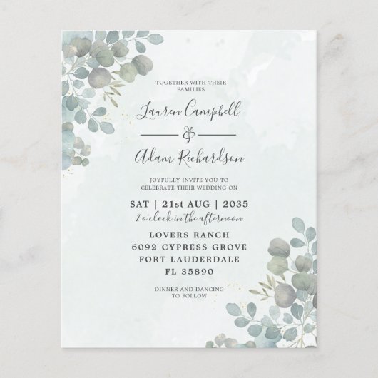 Papier Mariage d'aquarelle verte Budget Eucalyptus Sage (Devant)