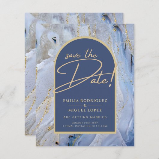 Papier Mariage d'arche en marbre moderne bleu or (Devant / Derrière)