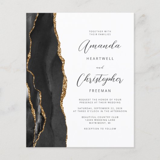 Papier Mariage de code QR de l'Agate Black Gold Budget (Devant)