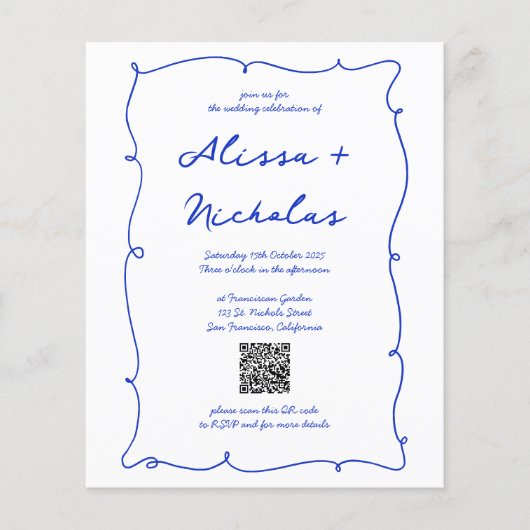 Papier Mariage de code QR du monogramme bleu budget (Devant)
